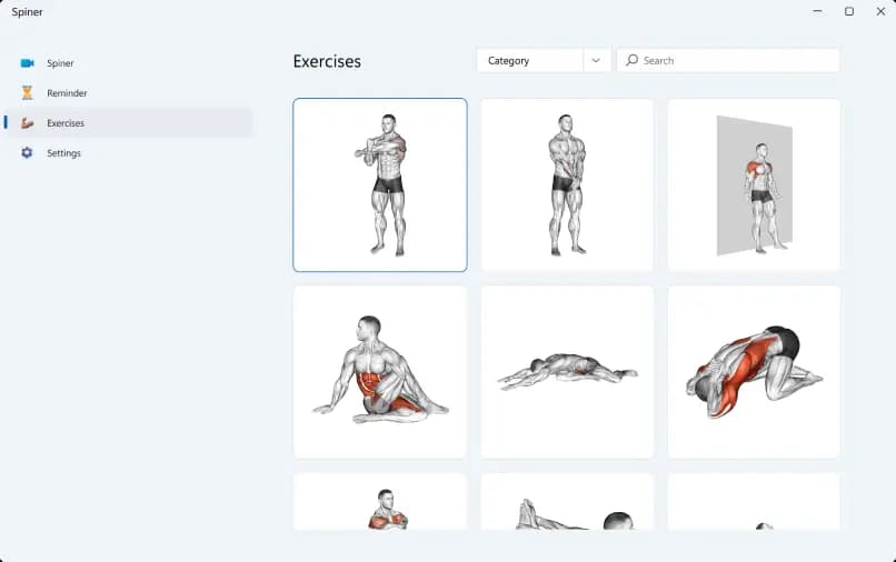 Fitness app exercise selection screen with anatomical illustrations of different workouts.