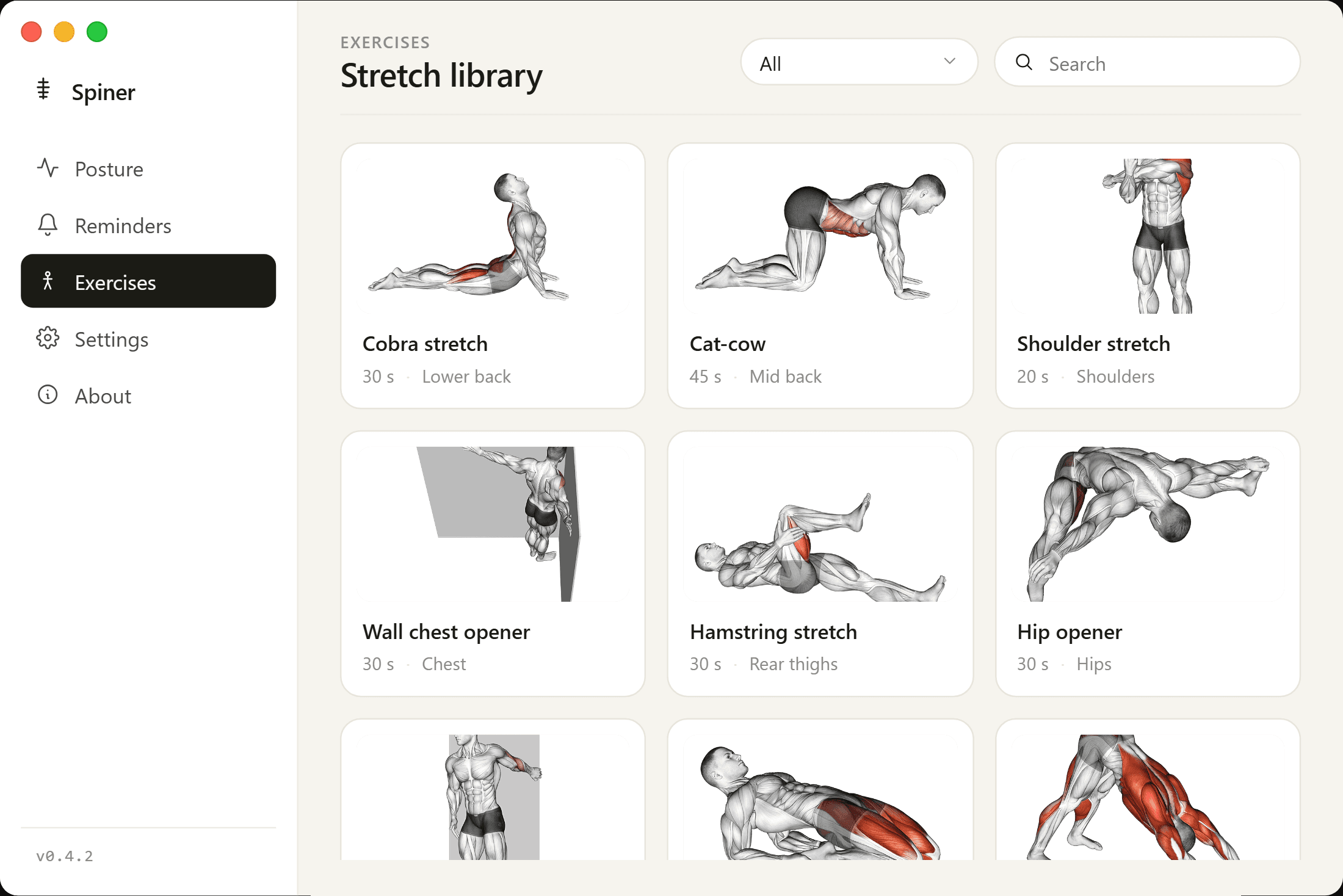 Spiner exercise library with stretch cards filterable by body region