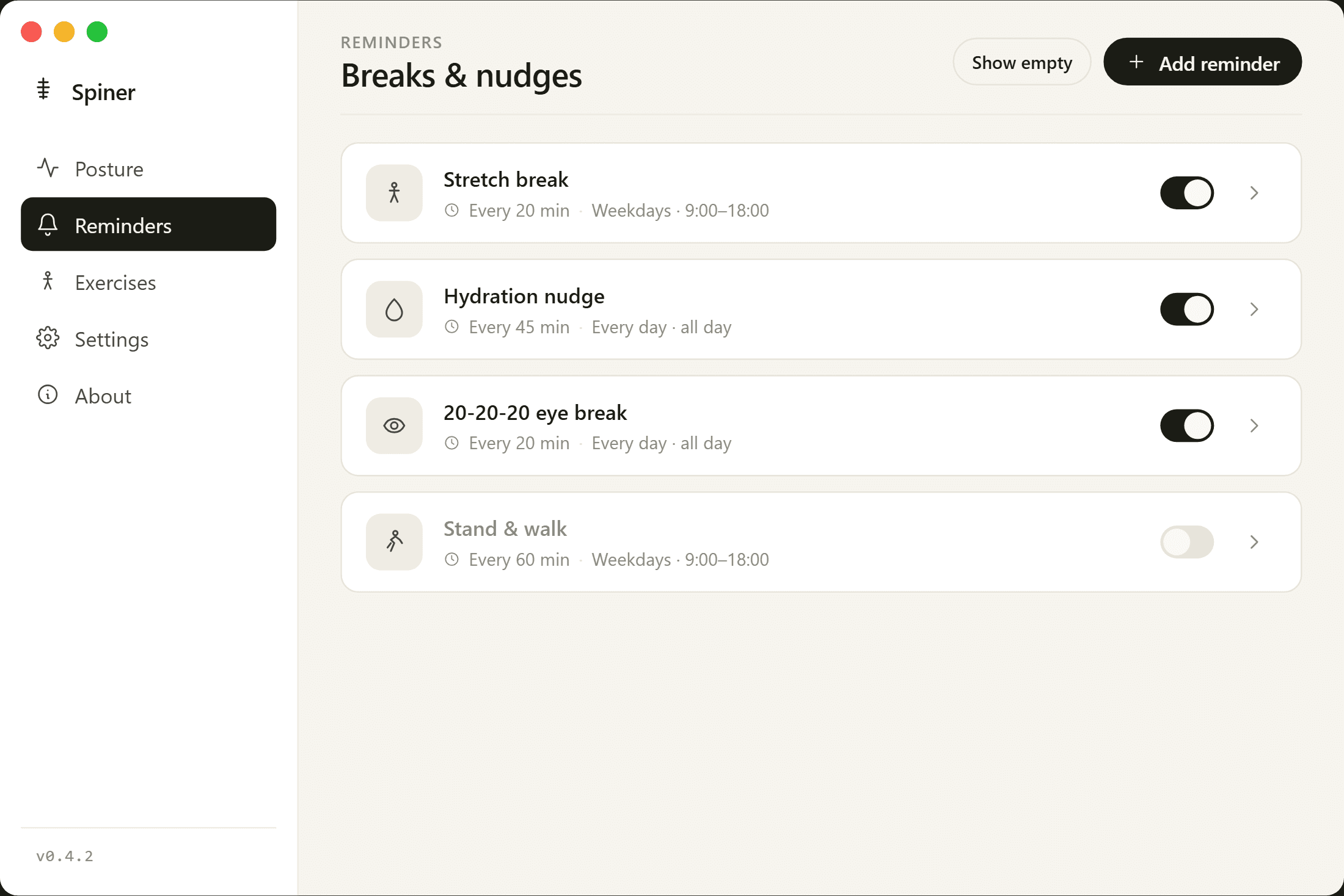 Spiner reminders page with stretch, hydration, eye-break and walk reminders, each with schedule and toggle